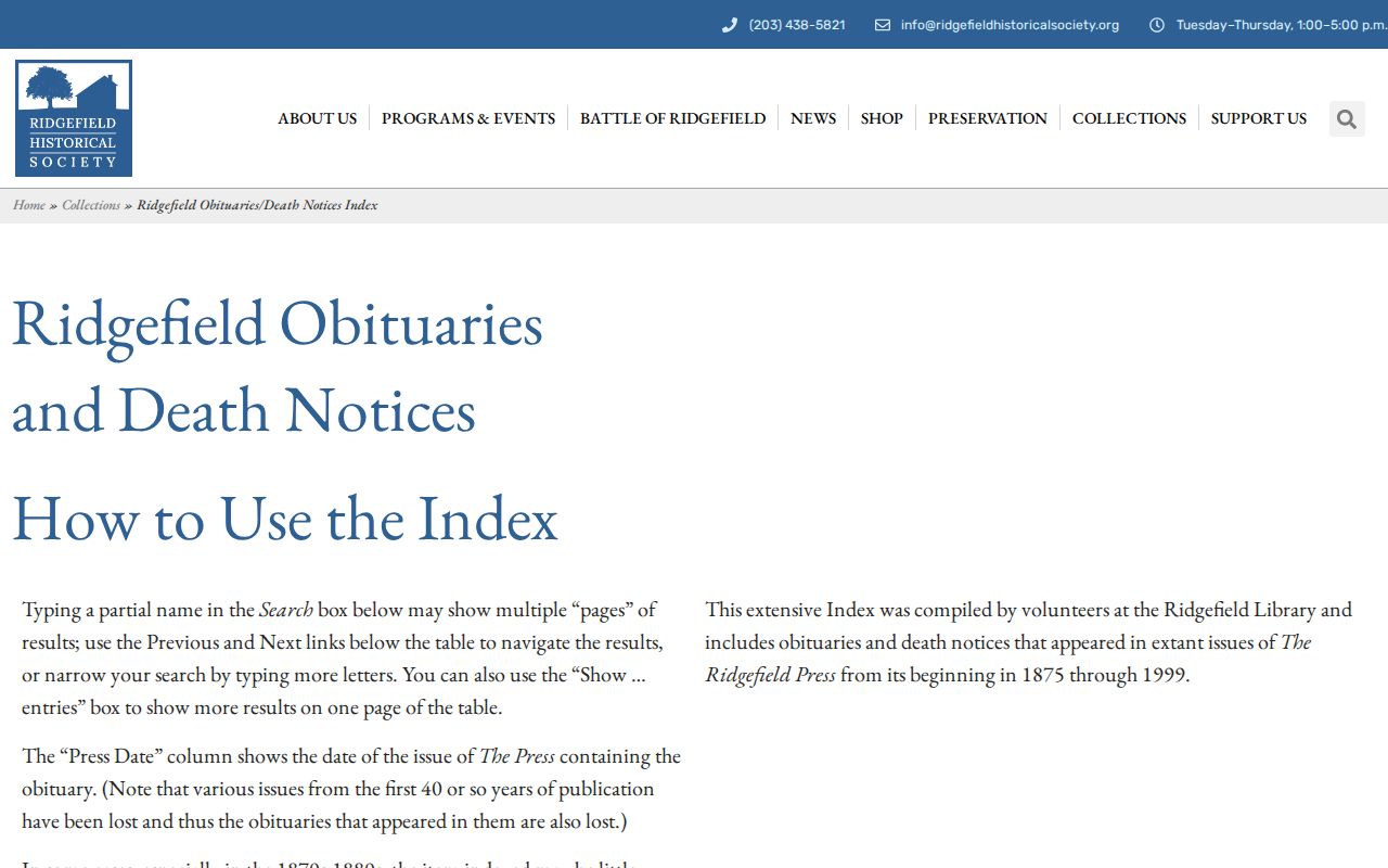 Ridgefield city directory research with the Ridgefield Historical Society obituary index