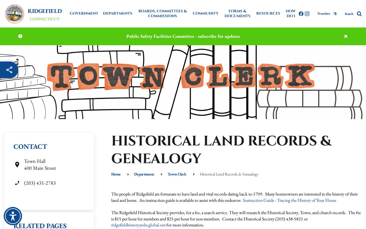 Ridgefield previous residents Town Clerk home-history and genealogy guide