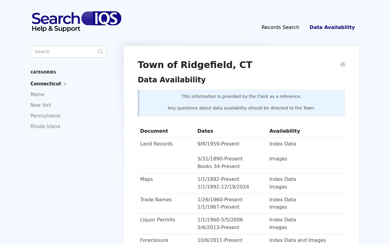 Ridgefield land-record search availability and cutoff help
